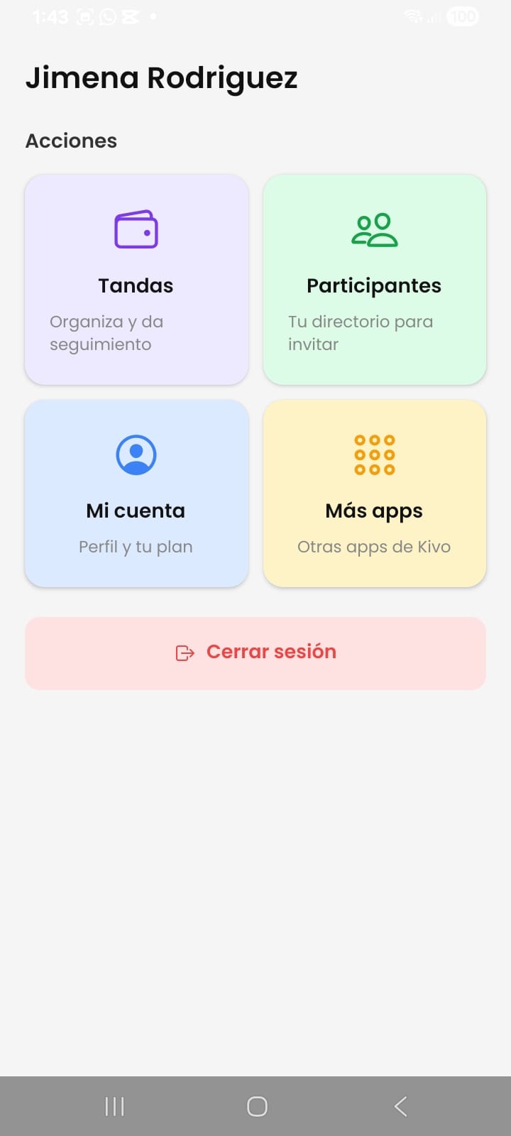 Pantalla principal de la app Tanda+ mostrando una tanda activa con los participantes y sus turnos